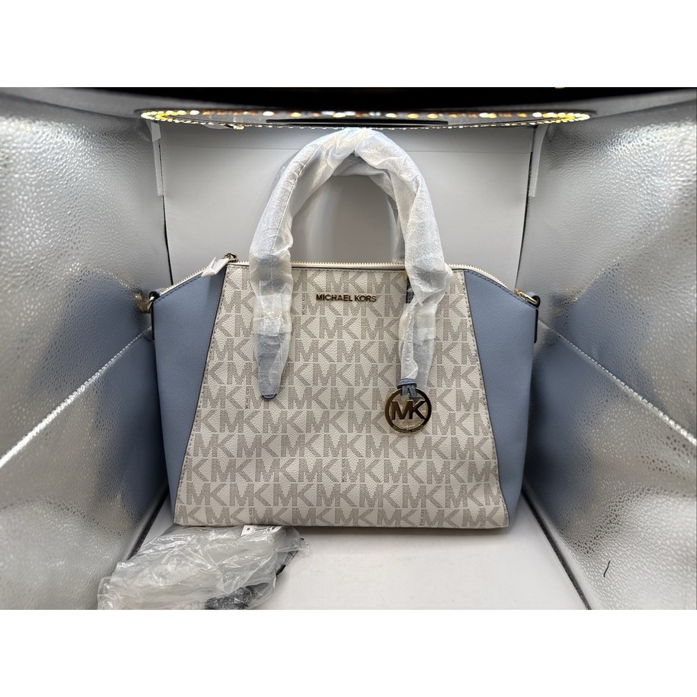Michael Kors Signature Bag in White and Light Blue  Gold Hardware Brand New